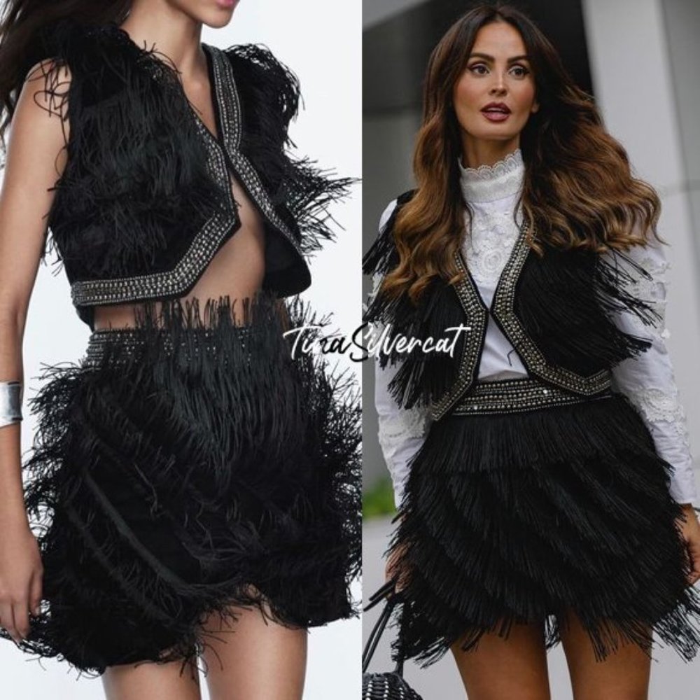 Zara Fringe Mini Skirt Black NWT